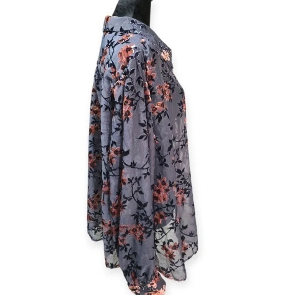 Modcloth Floral Burnout Velvet Sheer Button Up Blouse Grey Navy Pink 4X‎ - Picture 9 of 9
